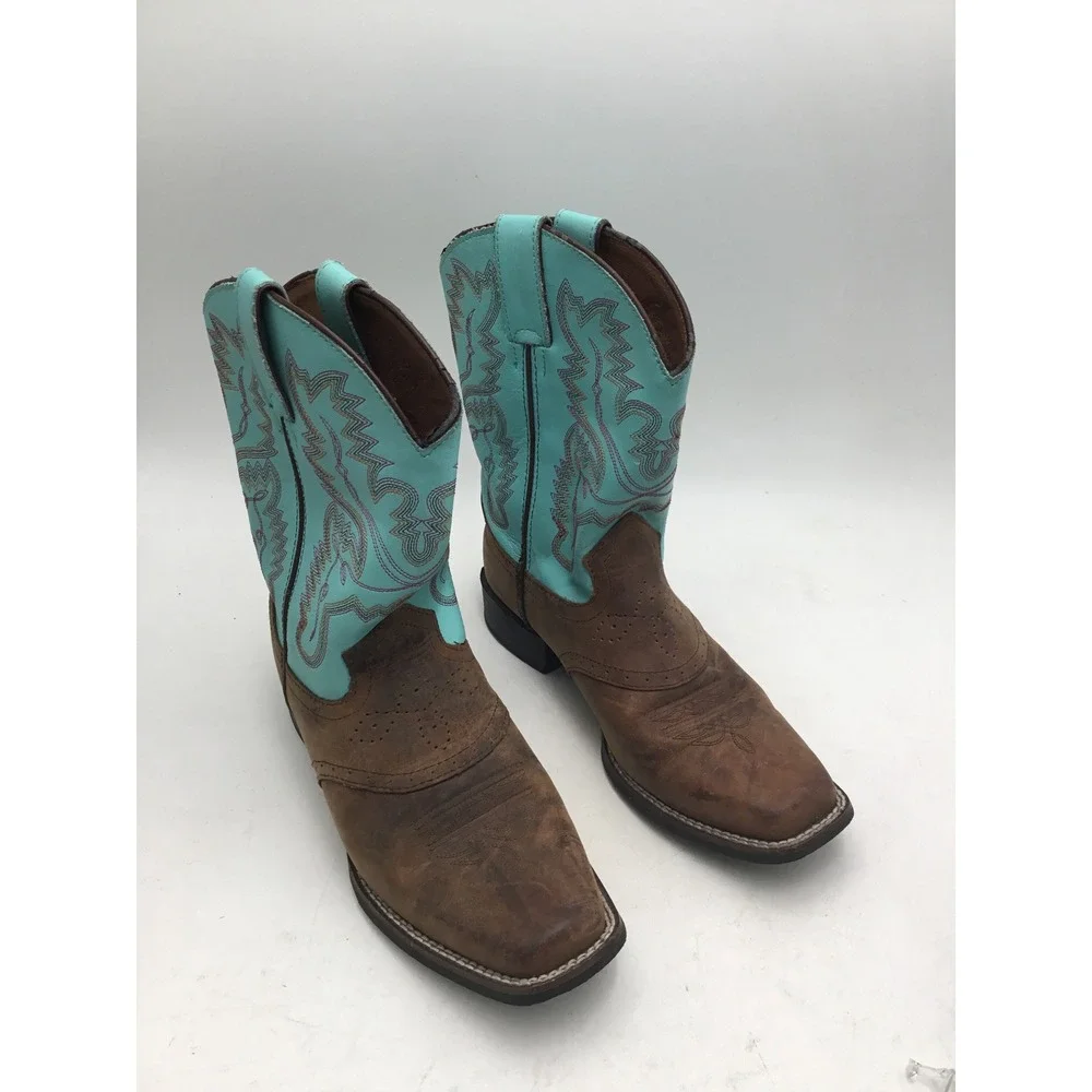 Justin Kids Brown Leather Turquoise Shaft Western Cowboy Boots 4853Y Size 3D